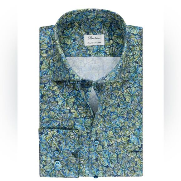 Stenstroms Navy Patterned Twill Shirt Slimline Twofold Super Cotton 16 1/2 - Picture 1 of 4